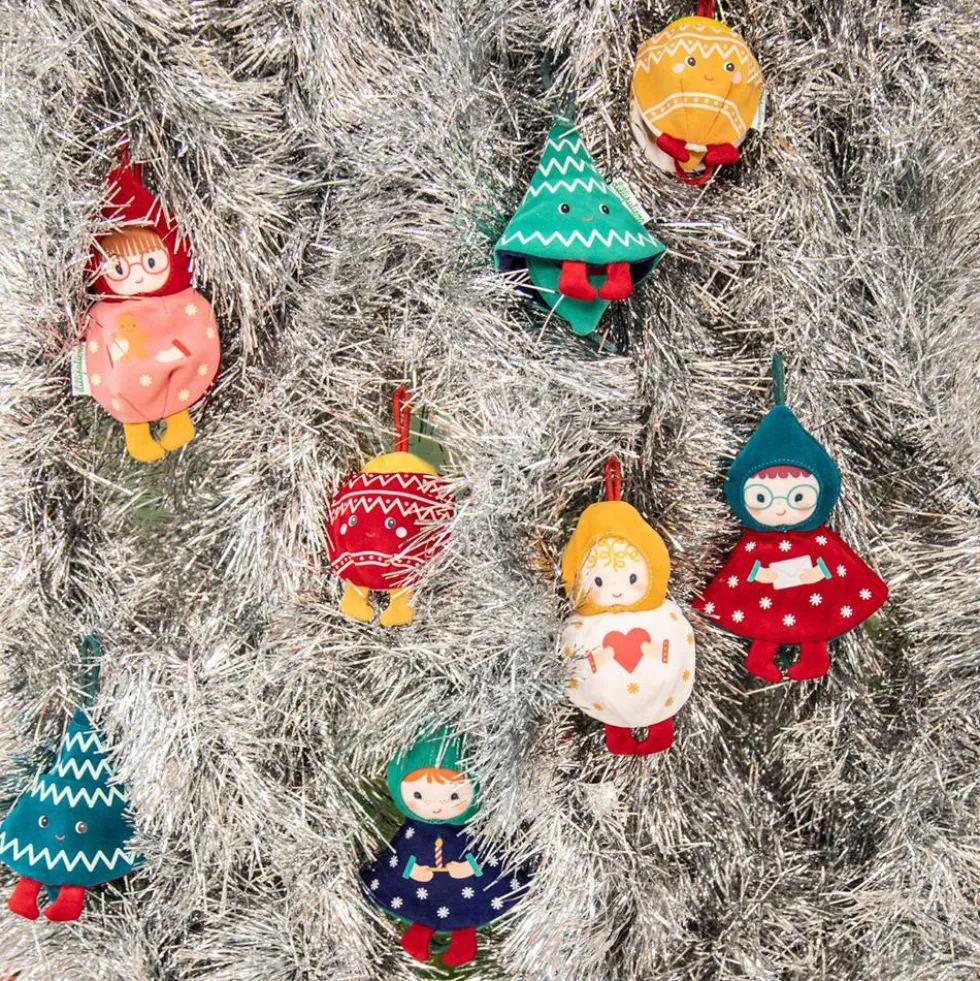 Bola de navidad roja y elfo Bibbi tela reversible con colgador 7cm.