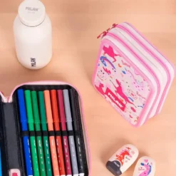 Estuche 2 pisos Flowicorn beige unicornios 19,5x13x5cm con contenido