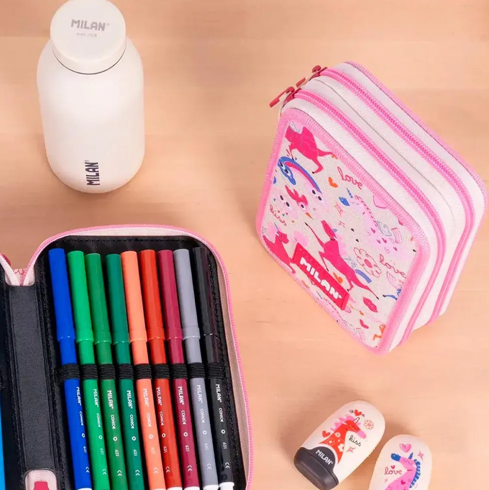 Estuche 2 pisos Flowicorn beige unicornios 19,5x13x5cm con contenido