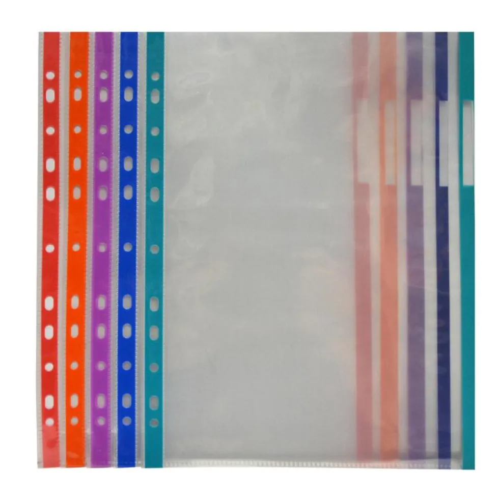 Funda tamaño folio con multitaladro y borde de color 10 unidades