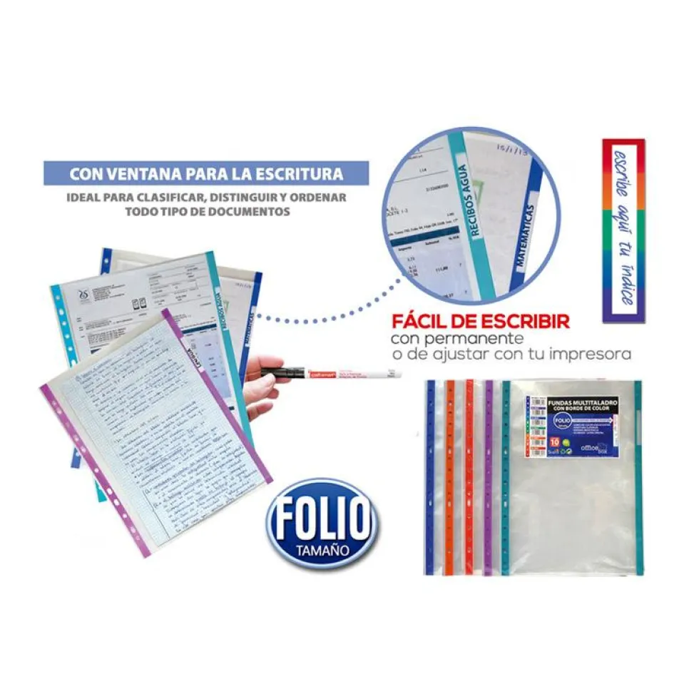 Funda transparente tamaño A4 con multitaladro y borde de colores 10 unidades