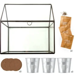 Kit de cultivo invernadero cristal aromáticas bio con 3 macetas metal