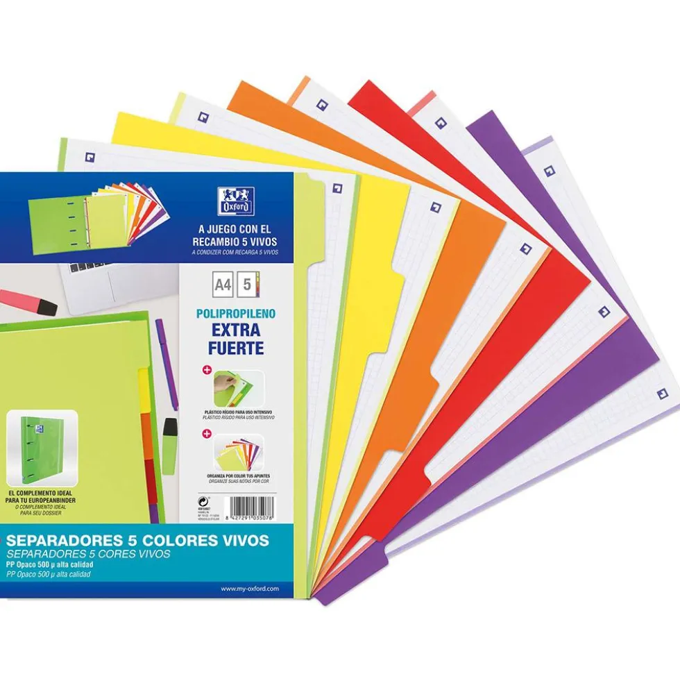 Separadores colores vivos tamaño A4 5 posiciones 4 taladros