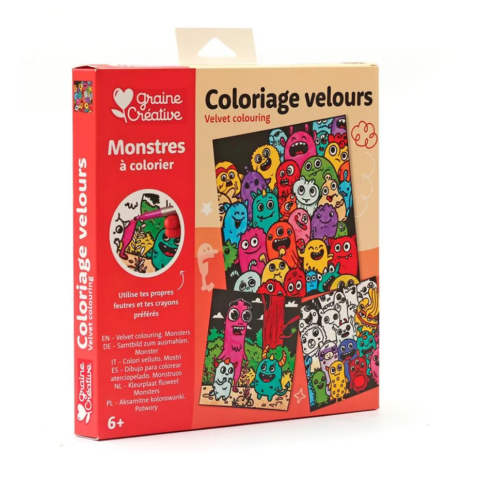 Set 3 tarjetas terciopelo para colorear monstruos