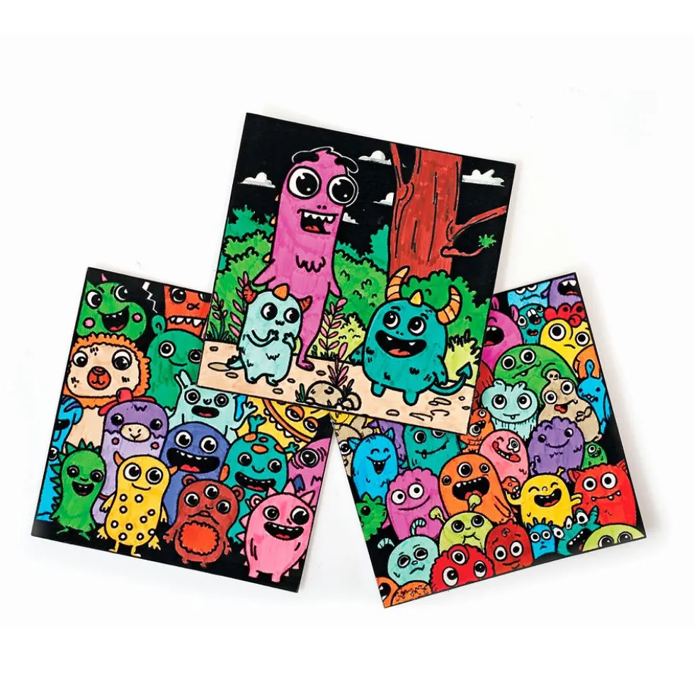 Set 3 tarjetas terciopelo para colorear monstruos